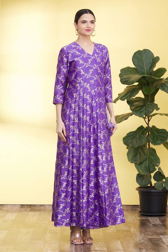 Pinki Sinha Purple Mulberry Silk Banarasi Woven Anarkali Kurta With Dupatta 3