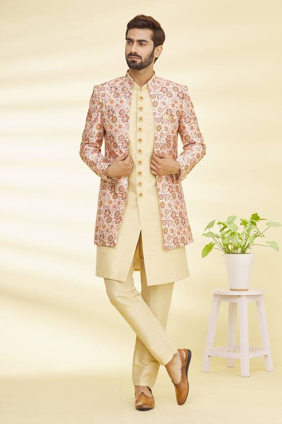 Arihant Rai Sinha Peach Art Banarasi Silk Floral Print Jacket And Kurta Set 1