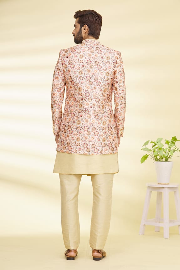 Arihant Rai Sinha Peach Art Banarasi Silk Floral Print Jacket And Kurta Set 2