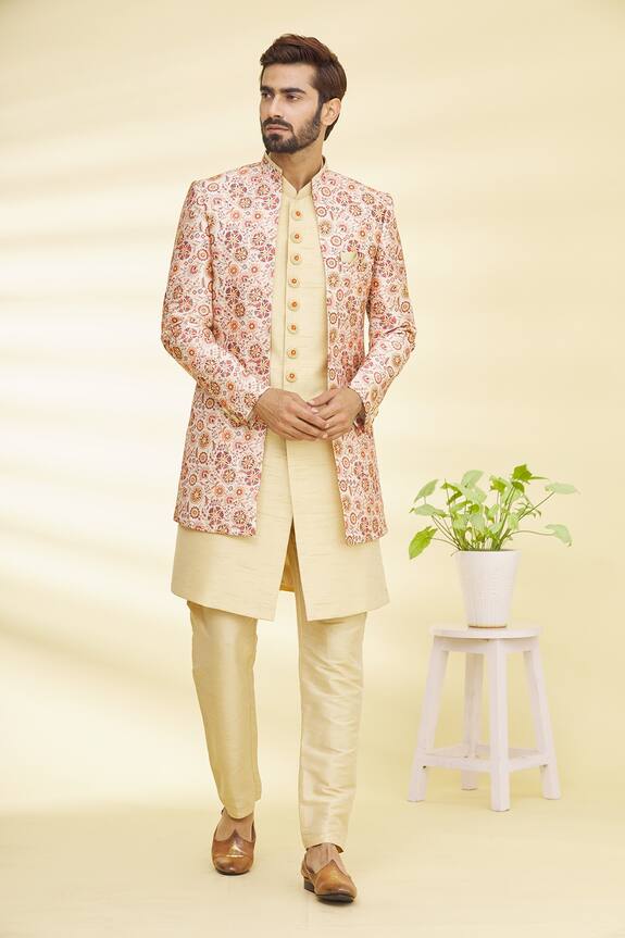 Arihant Rai Sinha Peach Art Banarasi Silk Floral Print Jacket And Kurta Set 4