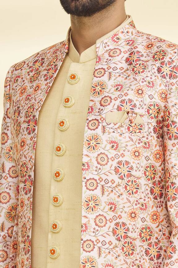 Arihant Rai Sinha Peach Art Banarasi Silk Floral Print Jacket And Kurta Set 5