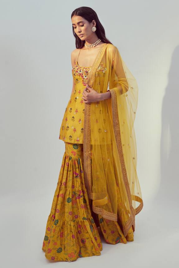 Drishti & Zahabia Yellow Dupion Silk Embroidered Kurta Sharara Set 3