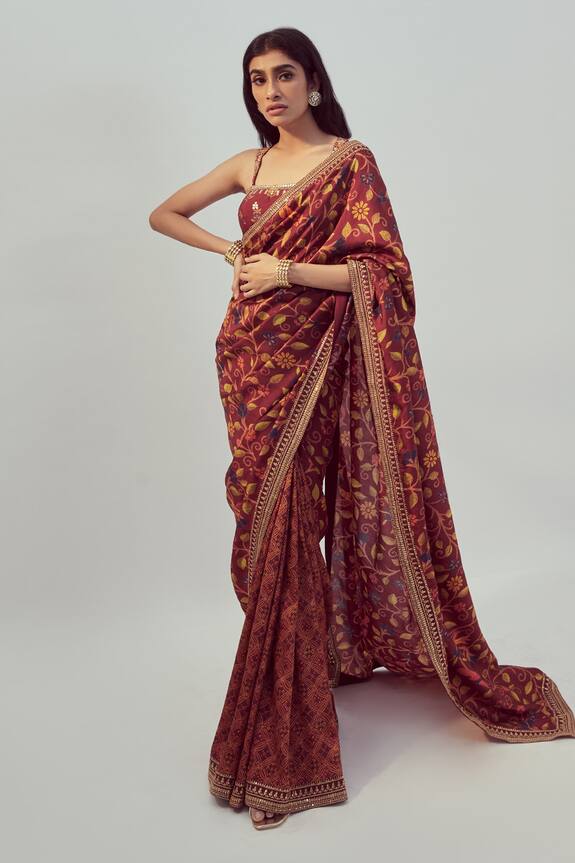 Drishti & Zahabia Maroon Dupion Silk Floral Print Saree With Blouse 1