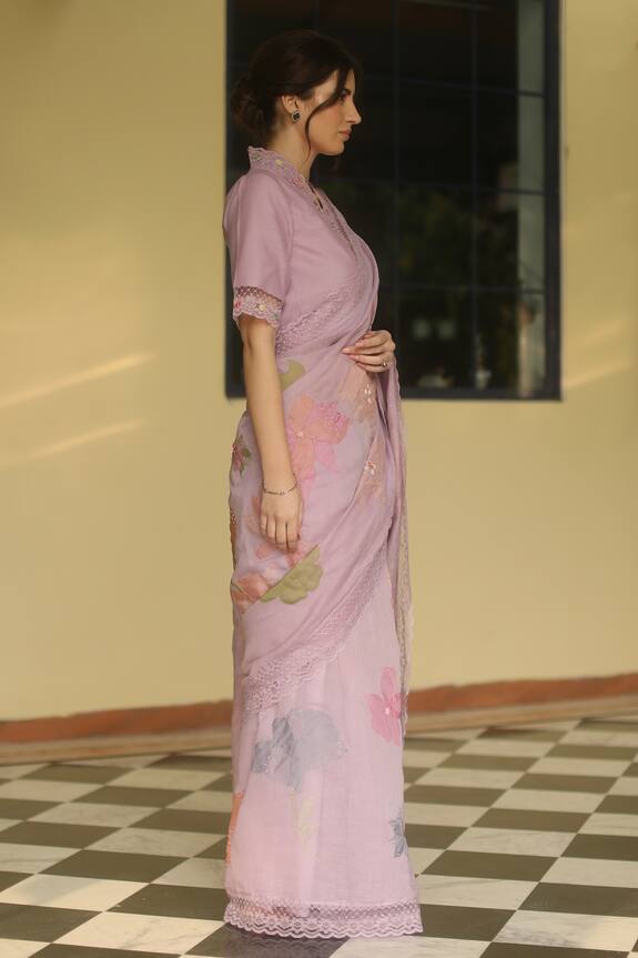 Begum Pret Purple Chanderi Esme Floral Applique Saree With Blouse 3