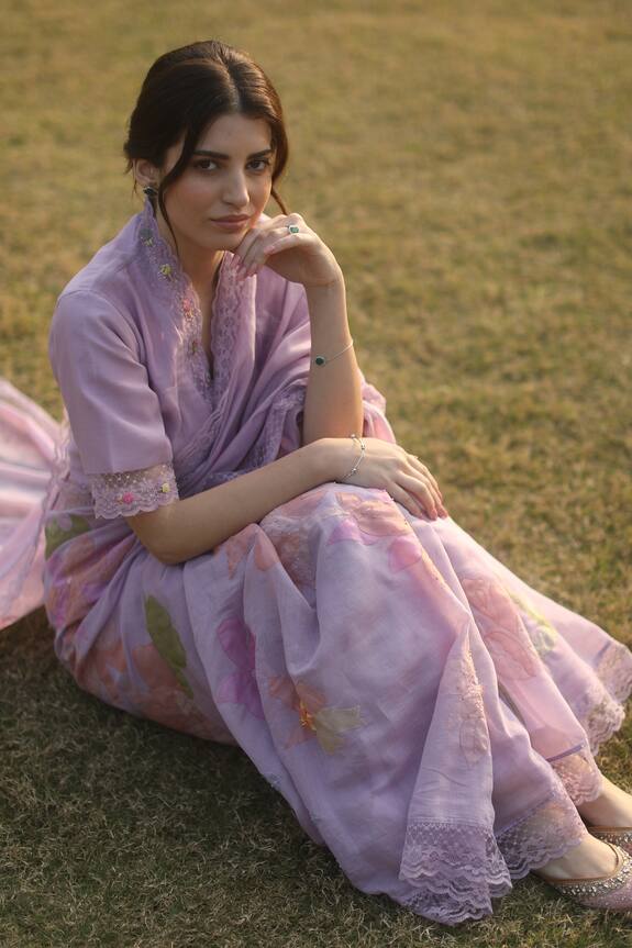 Begum Pret Purple Chanderi Esme Floral Applique Saree With Blouse 4