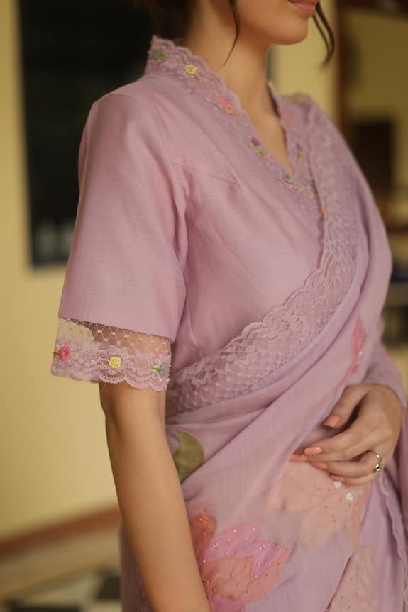 Begum Pret Purple Chanderi Esme Floral Applique Saree With Blouse 5