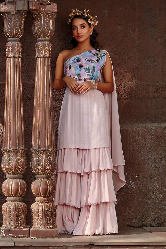Shweta Aggarwal Pink Crepe Embroidered Tunic Sharara Set 0