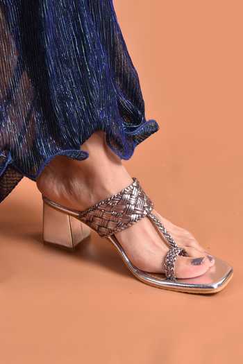 Buy Sole House Silver Pu Leather Woven Kolhapuri Heels Online | Aza Fashions