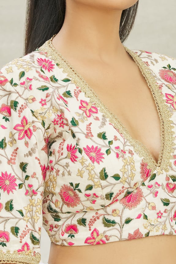 Pranay Baidya White Dupion Silk Floral Embroidered Saree Blouse 5