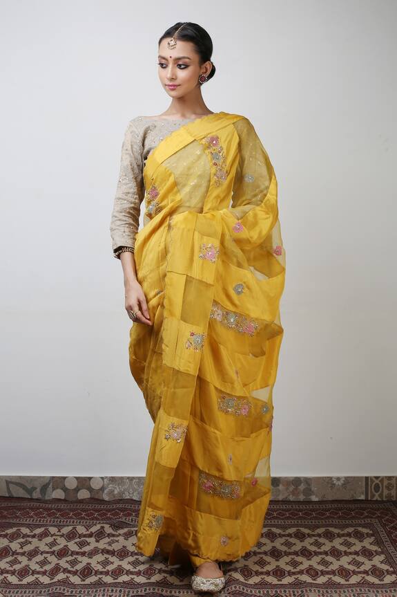 Rhua India Yellow Habotai Silk Floral Embroidered Saree With Blouse 3