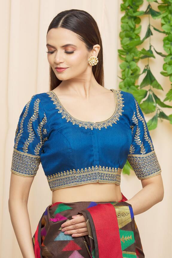 Samyukta Singhania Blue Dupion Silk Floral Embroidered Blouse 0