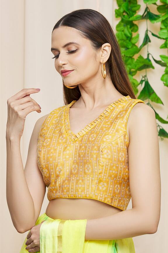 Samyukta Singhania Yellow Cotton Blend Geometric Motif Sleeveless Blouse 0