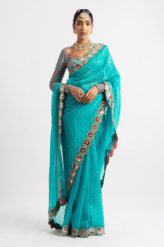 Vvani by Vani Vats Green Georgette Saree With Mirror Embroidered Blouse 5