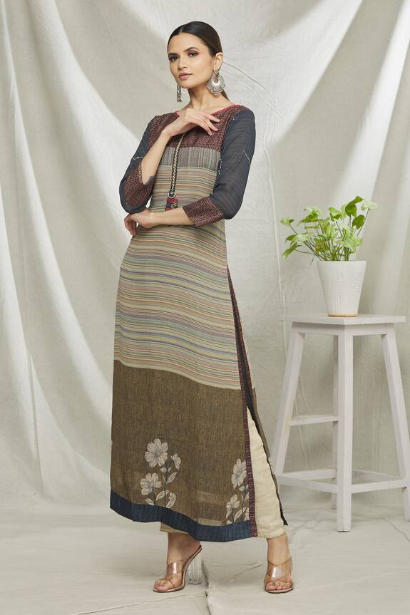 Samyukta Singhania Grey Art Silk Striped Long Tunic 1