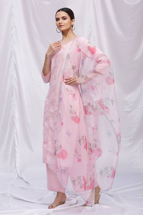 Aryavir Malhotra Pink Silk Blend Floral Embroidered Kurta Set 1