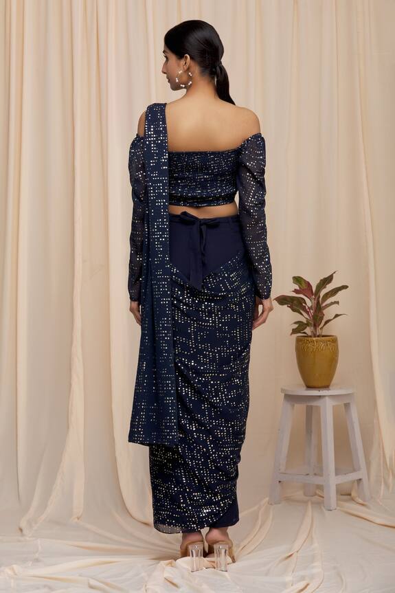 Khwaab by Sanjana Lakhani Blue Poly Georgette Palazzo Saree With Off Shoulder Blouse 2