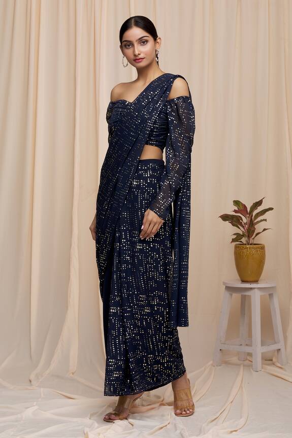 Khwaab by Sanjana Lakhani Blue Poly Georgette Palazzo Saree With Off Shoulder Blouse 3