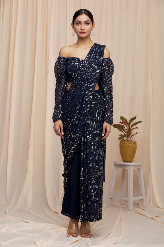 Khwaab by Sanjana Lakhani Blue Poly Georgette Palazzo Saree With Off Shoulder Blouse 4