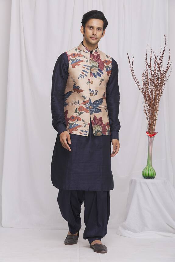 Ekam By Manish Beige Raw Silk Floral Print Bundi And Pathani Set 1