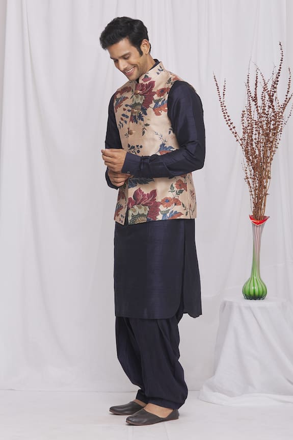 Ekam By Manish Beige Raw Silk Floral Print Bundi And Pathani Set 3