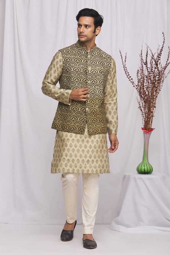 Ekam By Manish Green Linen Printed Nehru Jacket 0