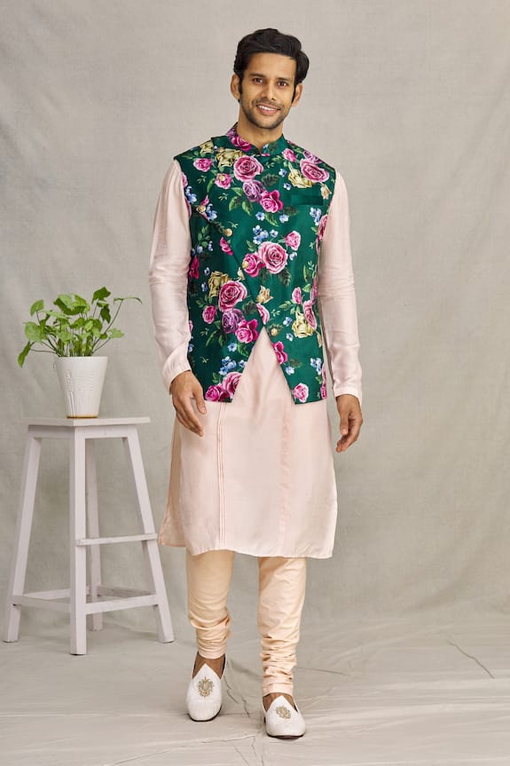 YAJY by Aditya Jain Green Silk Suede Floral Print Bundi And Kurta Set 1
