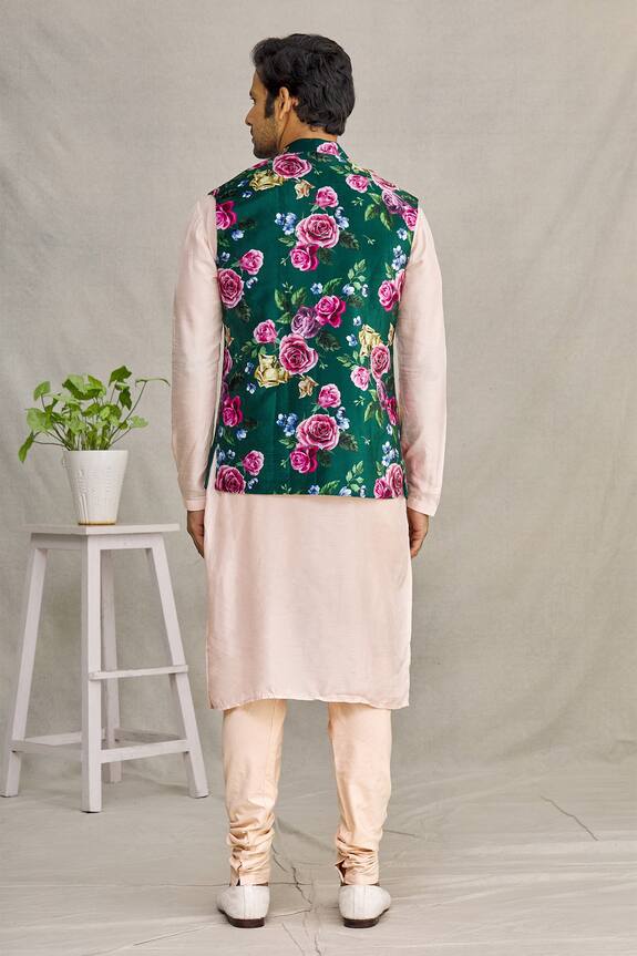 YAJY by Aditya Jain Green Silk Suede Floral Print Bundi And Kurta Set 2