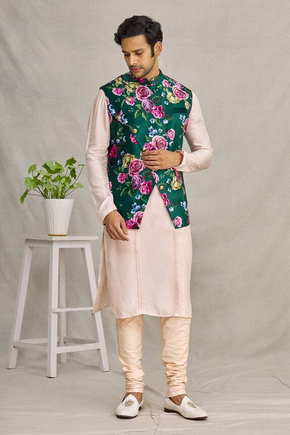 YAJY by Aditya Jain Green Silk Suede Floral Print Bundi And Kurta Set 3