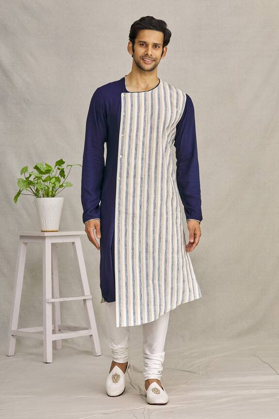 YAJY by Aditya Jain Blue Silk Striped Asymmetric Kurta 1