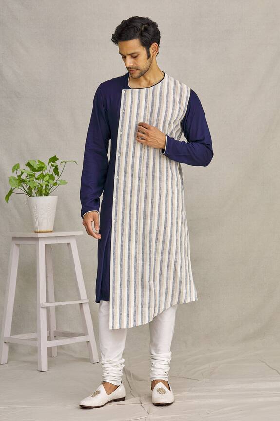 YAJY by Aditya Jain Blue Silk Striped Asymmetric Kurta 4