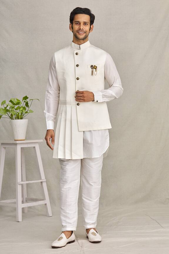YAJY by Aditya Jain White Silk Asymmetric Bundi And Kurta Set 1