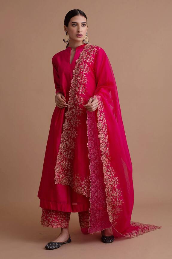 Sureena Chowdhri Pink Silk Chanderi Kurta Palazzo Set 0