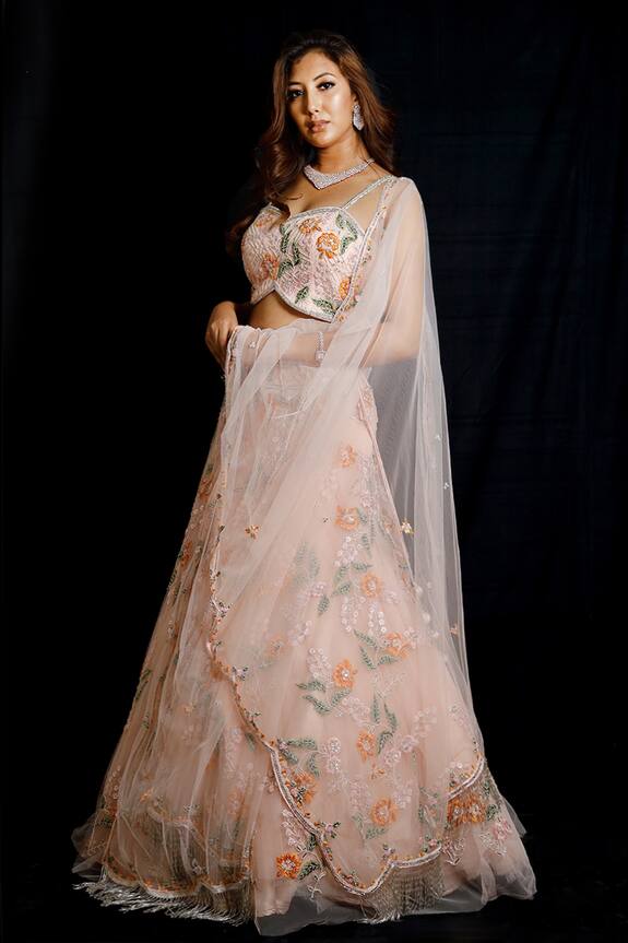 Archana Kochhar Pink Net Floral Embroidered Lehenga Set 3