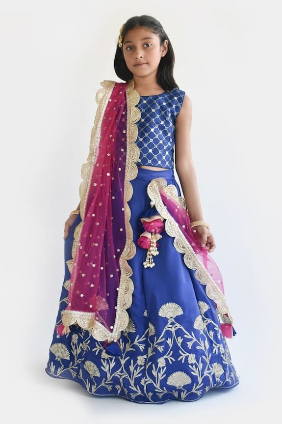 Fayon Kids Blue Silk Floral Embroidered Lehenga Set For Girls 0