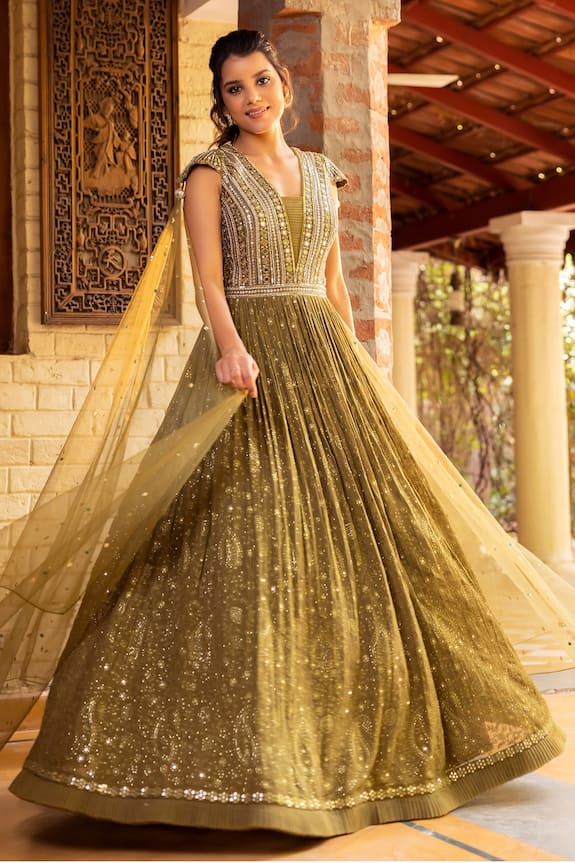 Basanti - Kapde Aur Koffee Green Net Mirror Work Draped Gown 1