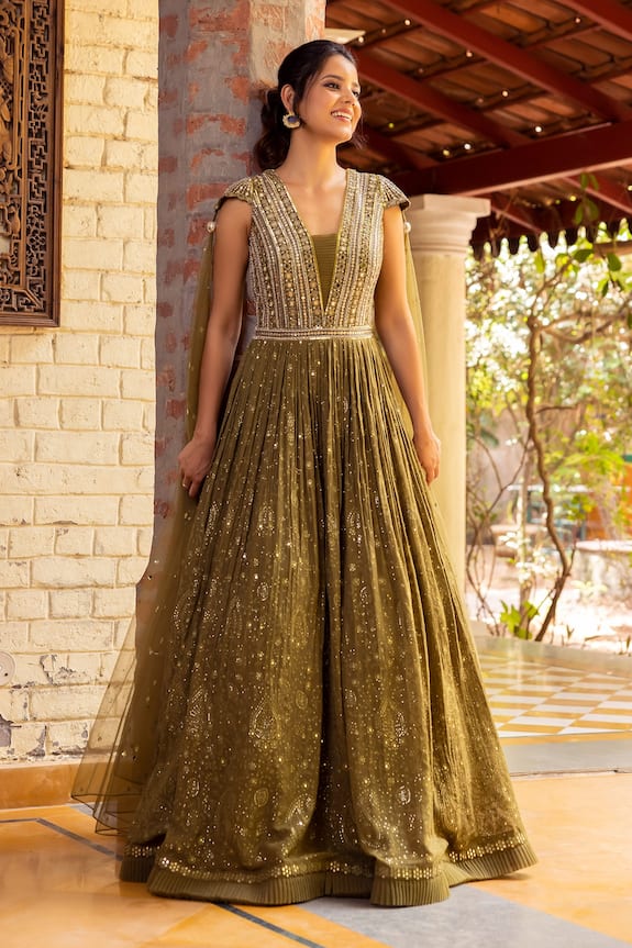 Basanti - Kapde Aur Koffee Green Net Mirror Work Draped Gown 3