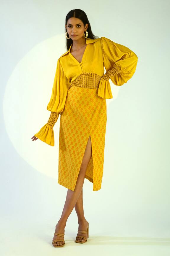 Kalakaari By Sagarika Yellow Modal Silk Floral Print Skirt Set 0