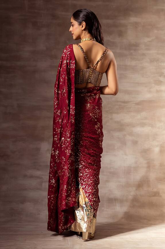 Ruhr India Maroon Mulberry Silk Hand Woven Pre-stitched Saree With Blouse 2