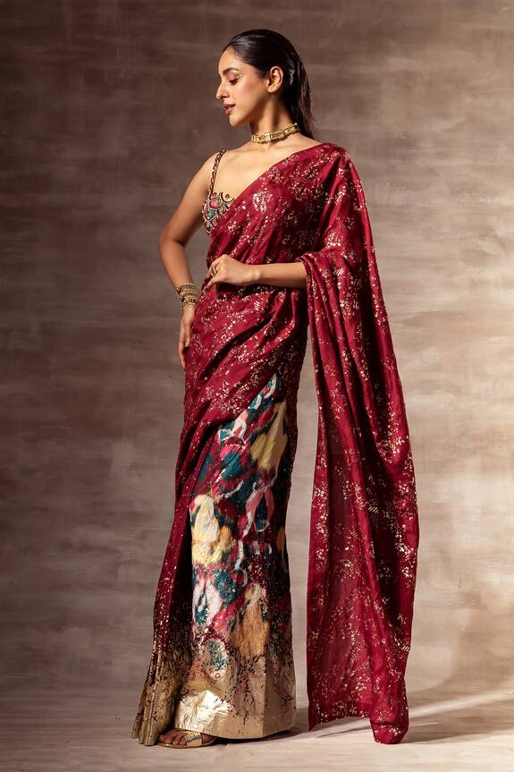 Ruhr India Maroon Mulberry Silk Hand Woven Pre-stitched Saree With Blouse 4