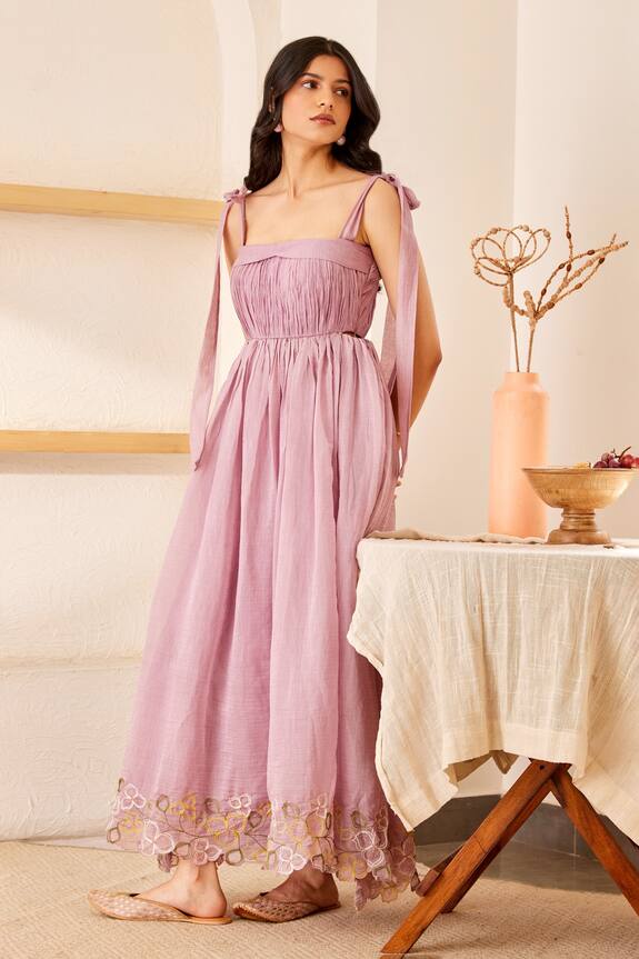 The Right Cut Purple Chanderi Silk Ameliea Ruched Yoke Dress 1