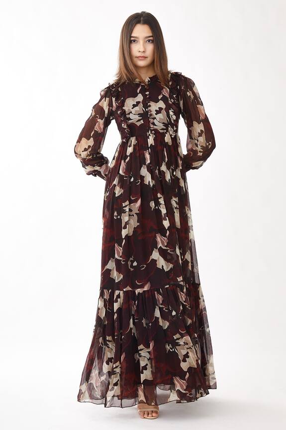 KoAi Brown Chiffon Floral Print Tiered Dress 0