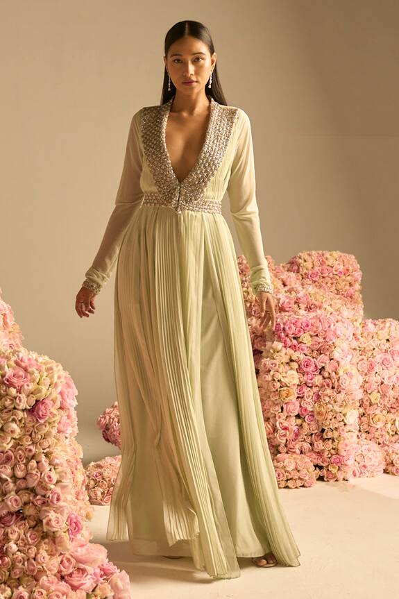 Not So Serious By Pallavi Mohan Green Tulle Georgette Penelope Pleated Dress With Belt 1