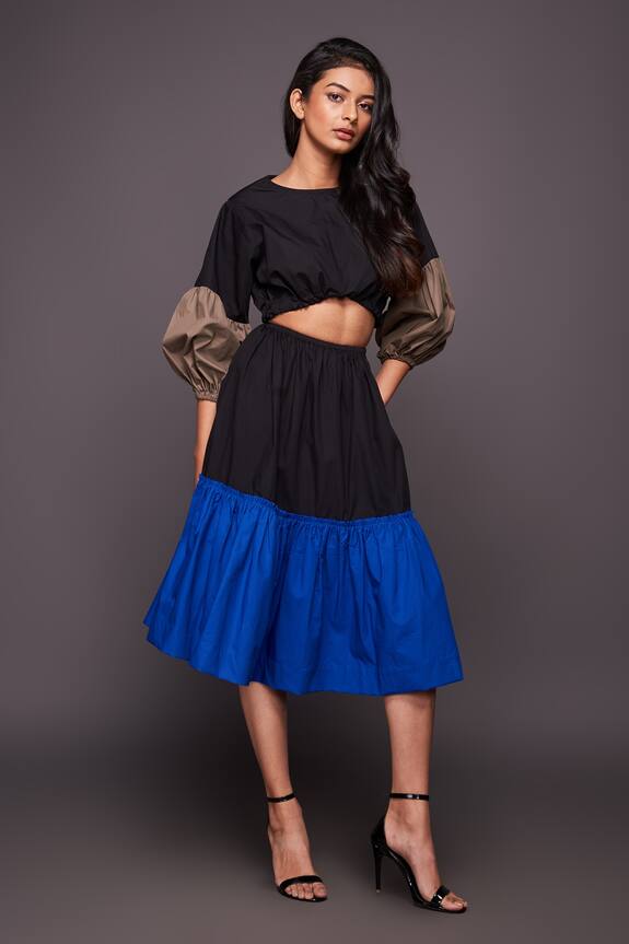 Deepika Arora Multi Color Cotton Colorblock Puff Sleeve Dress 1