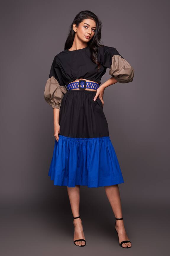 Deepika Arora Multi Color Cotton Colorblock Puff Sleeve Dress 4