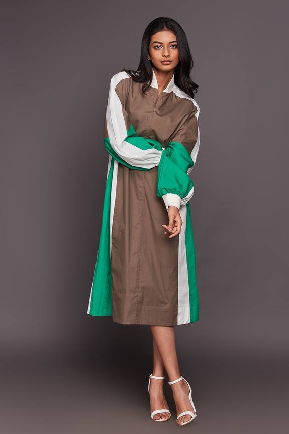 Deepika Arora Multi Color Colorblock Cotton Puff Sleeve Dress 4