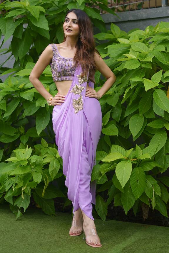 Richa Jaisinghani Label Purple Georgette Pre-draped Dhoti Saree With Blouse 1