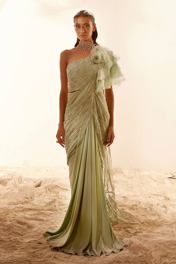 Adaara Couture Green Organza Hand Embroidered Draped Saree Gown 3