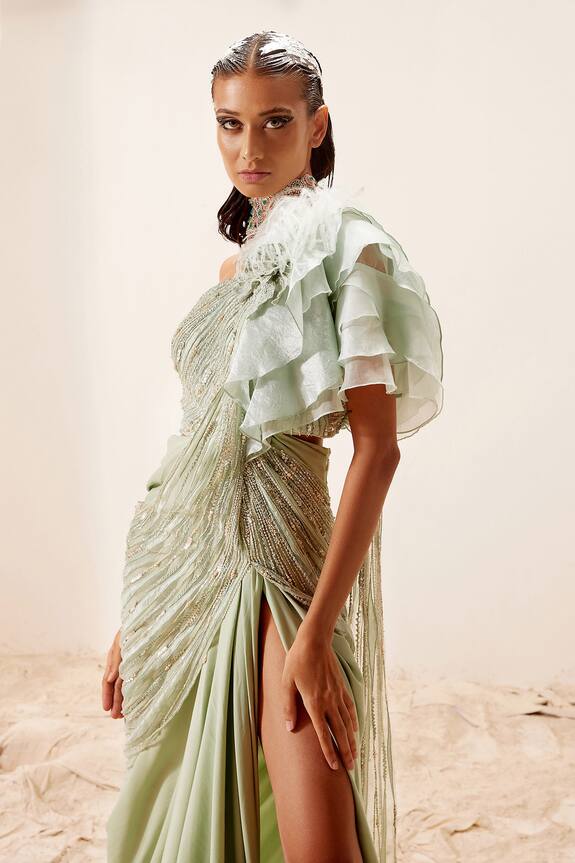 Adaara Couture Green Organza Hand Embroidered Draped Saree Gown 5