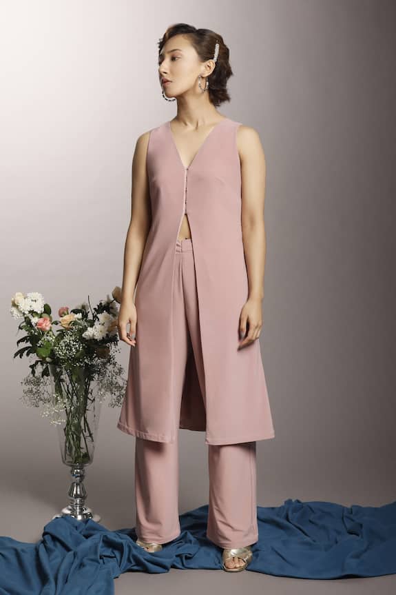 Couche Pink Punto Front Slit Tunic And Pant Set 1