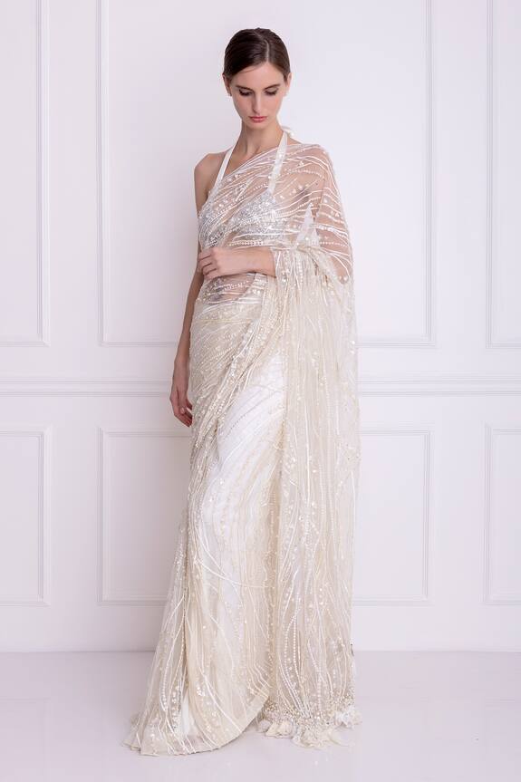Dilnaz Karbhary White Net Sequins Embroidered Saree 3